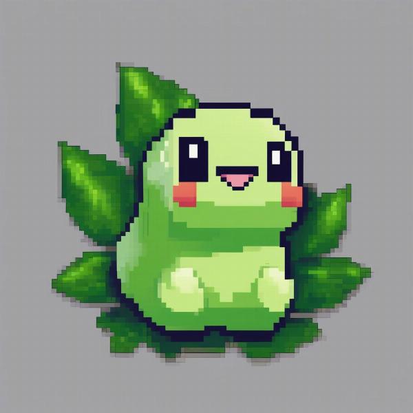 chikorita game fan sprite, a green leaf pokemon smiling playfully