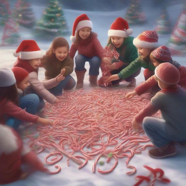 Children laughing while they collect candy canes from the floor