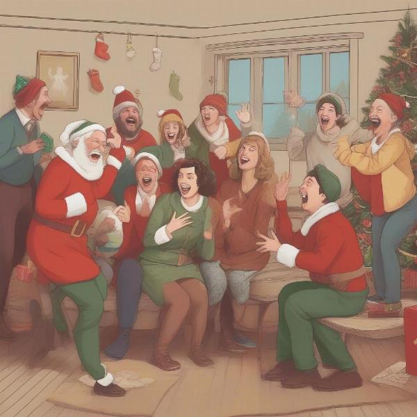 adults laughing during charades game at christmas gathering