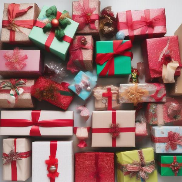 A pile of Christmas themed wrapped gifts for a white elephant gift exchange