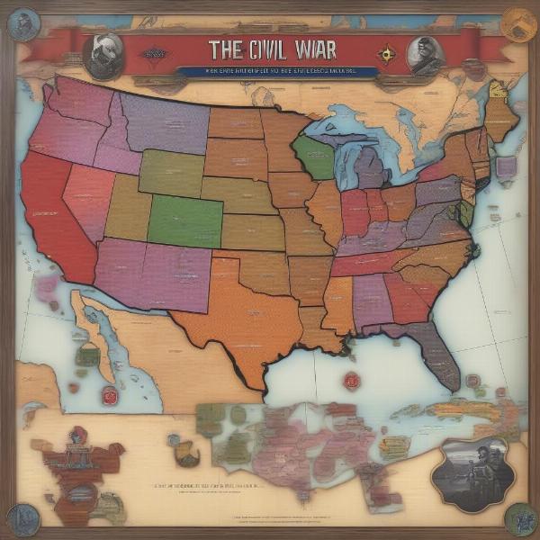 A board game depicting a map of the Eastern US, split into northern and southern states with different colored armies and various resource tokens scattered across it, on a wooden table.