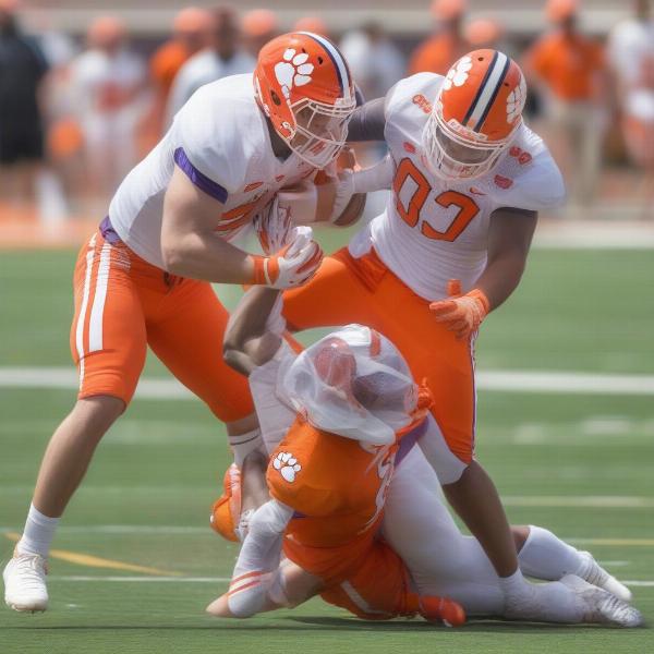 Clemson defense making a tackle in spring game