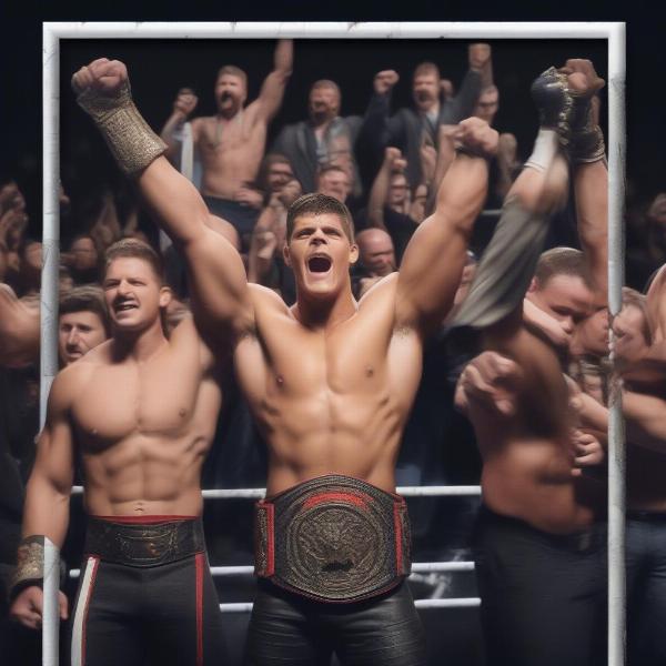 Cody Rhodes stands with his team victoriously after winning War Games