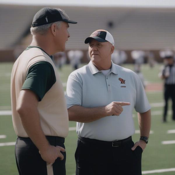 Colorado Springs football coaches discussing strategy on the sidelines during a game