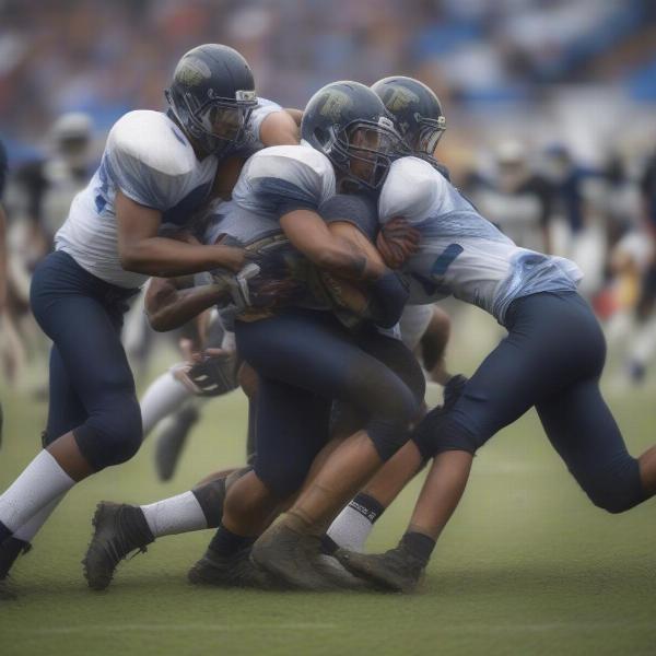 Colorado Springs football players in action during a game, with focus on tackling