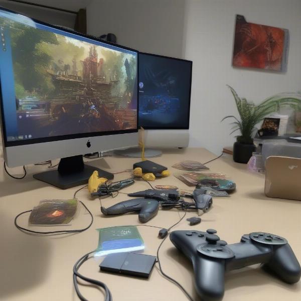 a gaming setup with 2 controllers and split screen