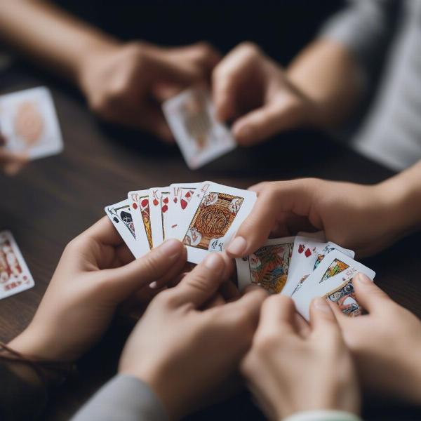 Close up of couples hands holding playing cards