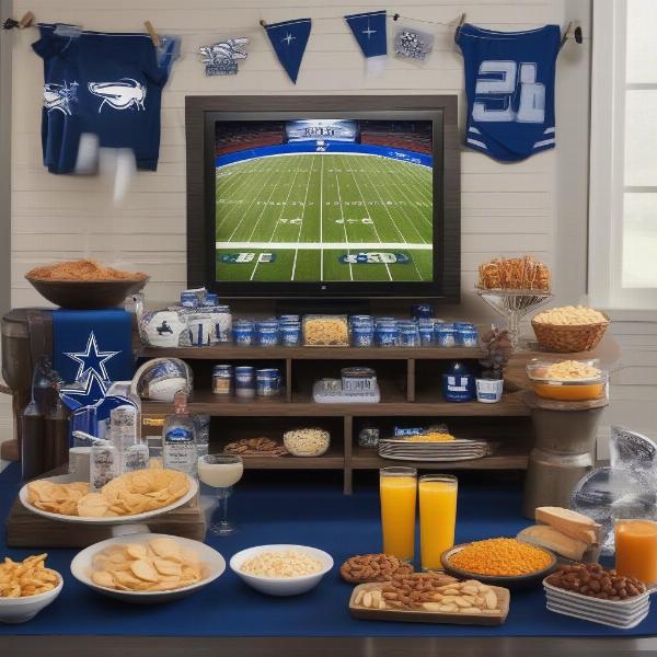 Game day setup with tv, drinks, and snacks