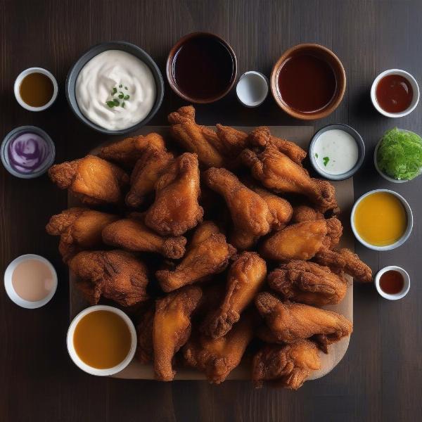 Delicious crispy chicken wings with various sauces