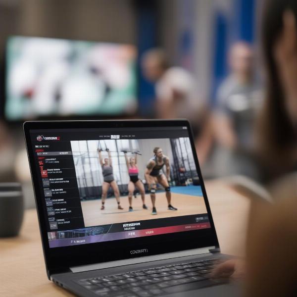 Crossfit Games live stream on a laptop screen, showcasing athletes competing