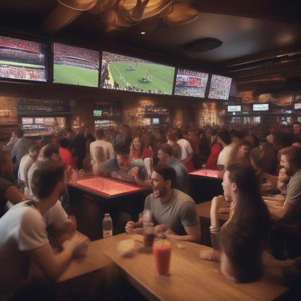 Sports bar with large screens showing a game and crowd cheering
