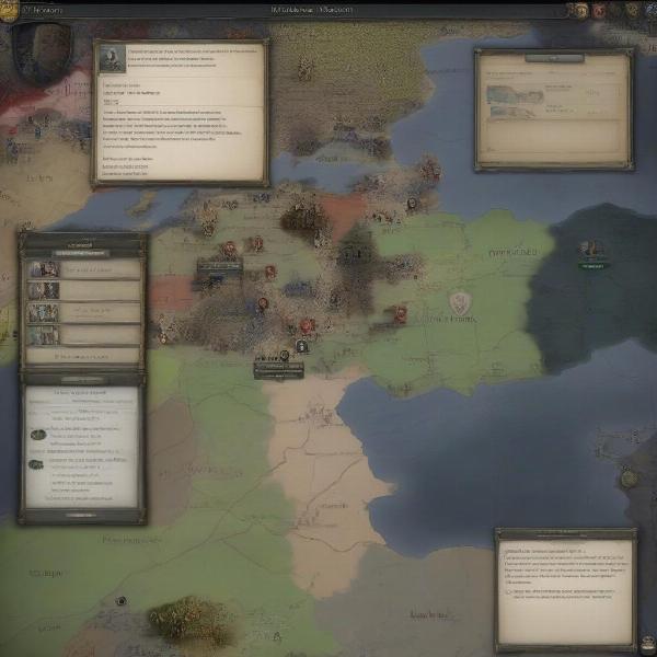 Crusader Kings II strategy gameplay featuring historical map and character portraits