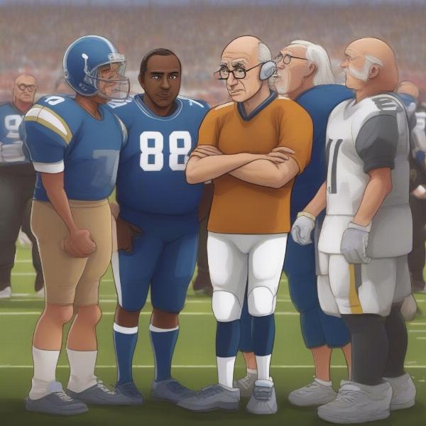 group of curb characters in football outfits arguing on a field