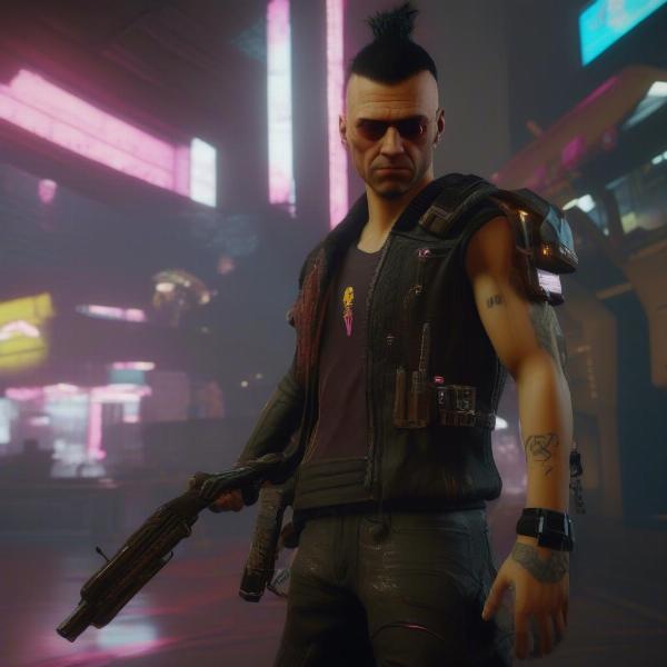 Cyberpunk 2077 with visible modded weapons and armor