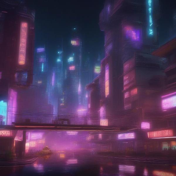 Night City in Cyberpunk 2077 showing off the neon-lit streets in the night time