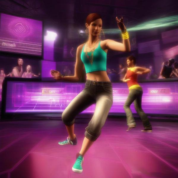 A gameplay scene from Dance Central on Xbox 360 featuring vibrant graphics and user interface