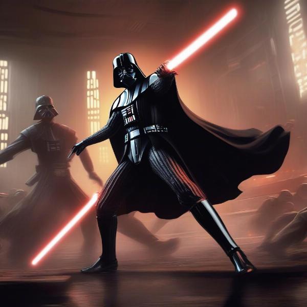 game scene of darth vader lightsaber duel against enemy