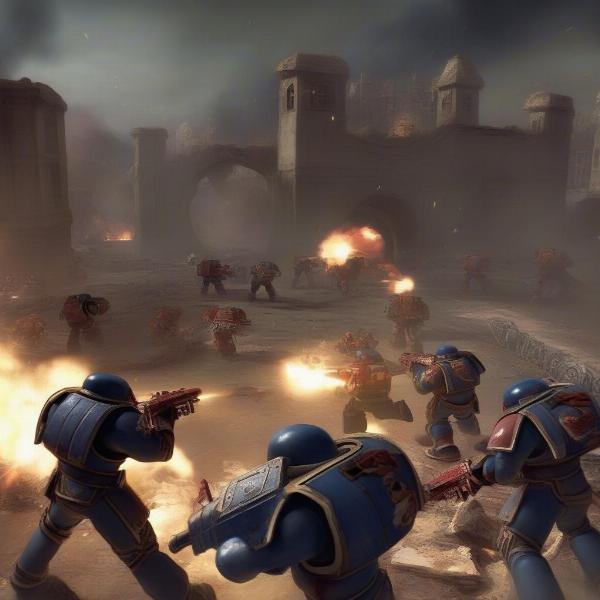 Space Marine squad in Dawn of War engaged in intense combat