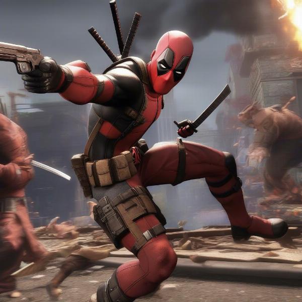 Deadpool in action, swords and guns blazing, in the Xbox One game