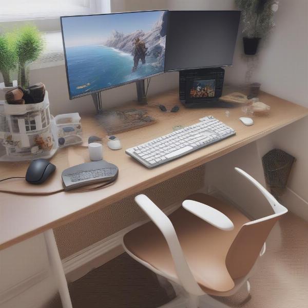 desk with gaming keyboard mouse and controller suggesting that work and play exist side by side in some people's lives