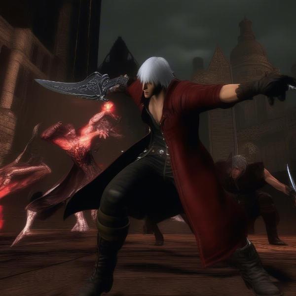 Devil May Cry gameplay screen displaying Dante fighting demons