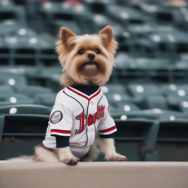 dog wearing baseball jersey sitting in stadium seat