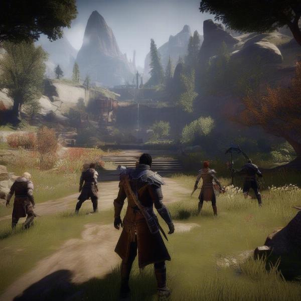 Dragon Age Inquisition Gameplay, showing strategic team combat, vast and detailed environments, complex character builds and choices