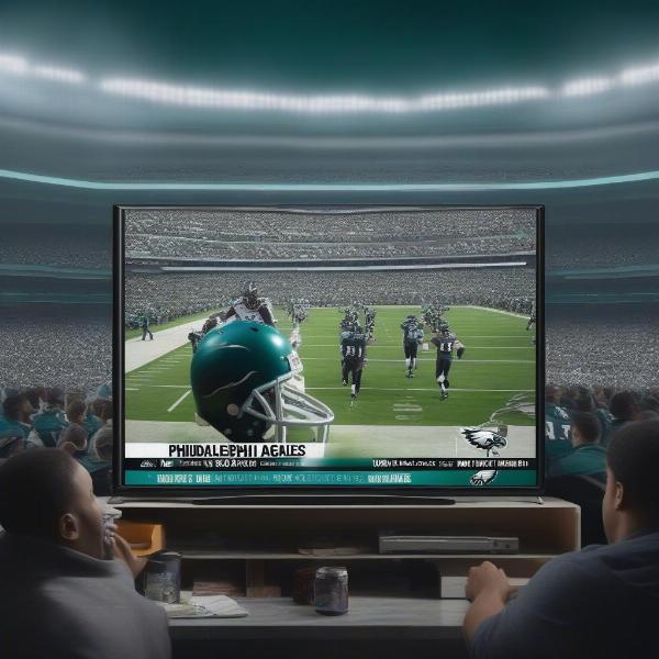 Eagles game on TV screen, fans watching