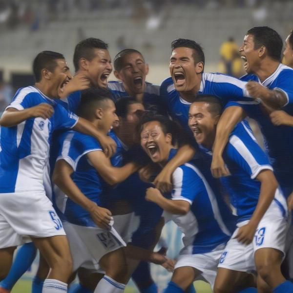 el salvador national football team players celebrate goal