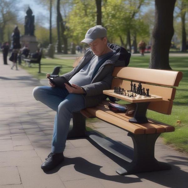 a person playing chess on a portable handheld chess game