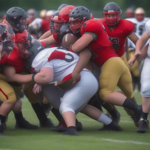 Elk River defensive line pushing against offensive line