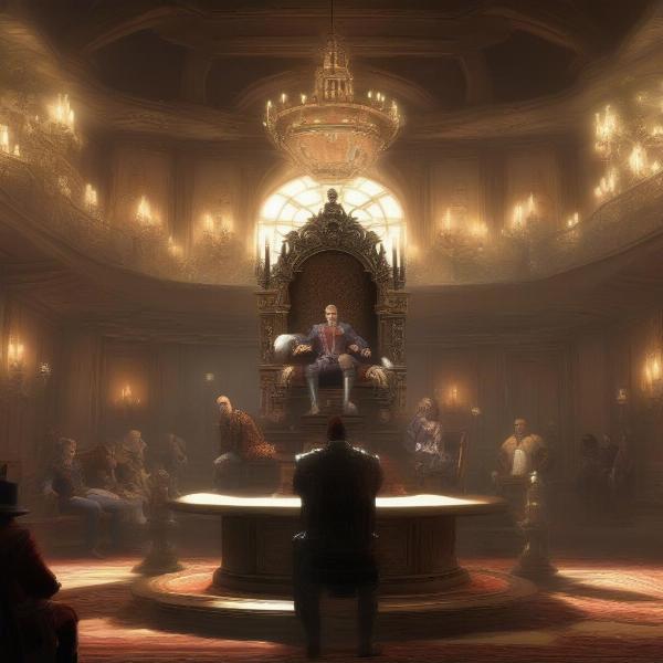 Fable 3 royal throne room, with player character making decisions in the kingdom
