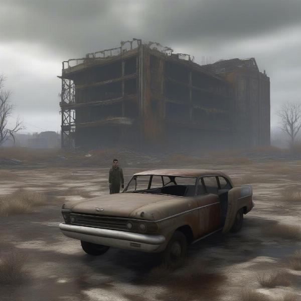 A player exploring the Fallout 4 Wasteland with ruined buildings and harsh weather