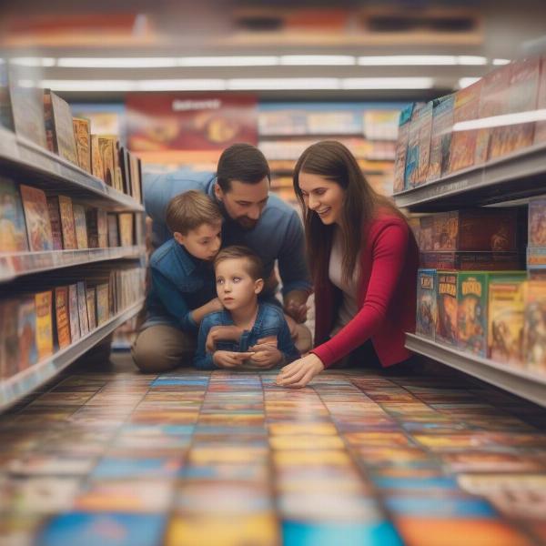 a family browsing board games in a store