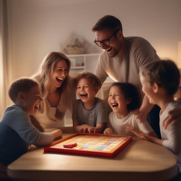 family laughing playing board game