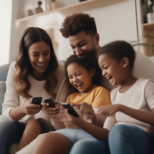 family playing mobile games 