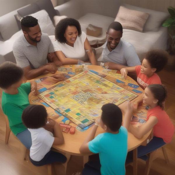 family happily playing board game