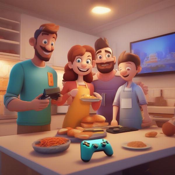 A family playing the game Overcooked together