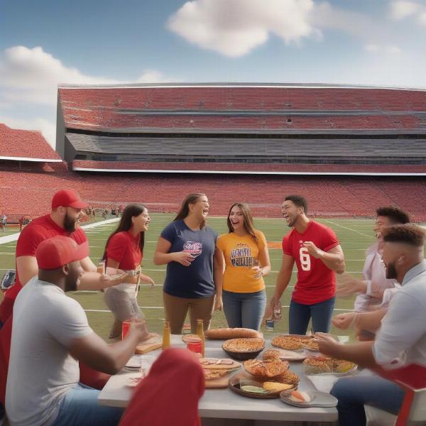 Excited football fans tailgating before game