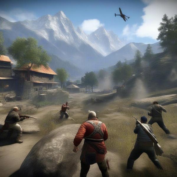 Gameplay screenshot of Far Cry 4 on Xbox 360, featuring action in the mountains