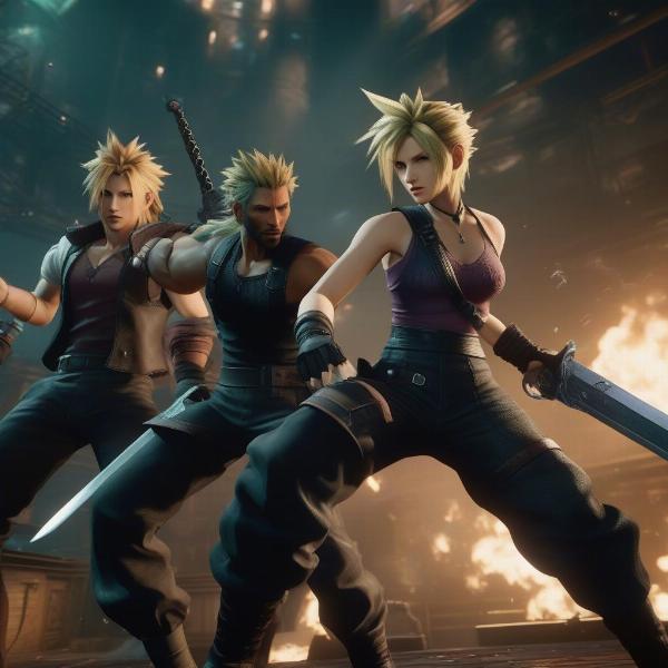 Final Fantasy VII Remake gameplay showing Cloud in combat with Barret and Tifa in a detailed Midgar environment