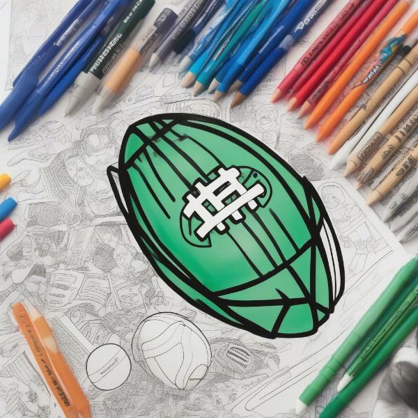 Football coloring page with various tools