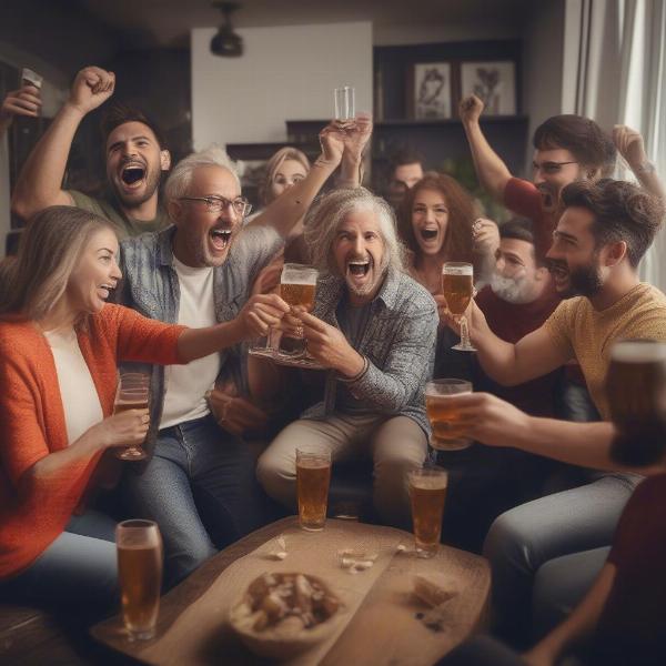 group of football fans cheering during drinking game