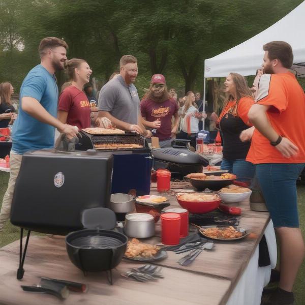 A group of excited football fans at a tailgate