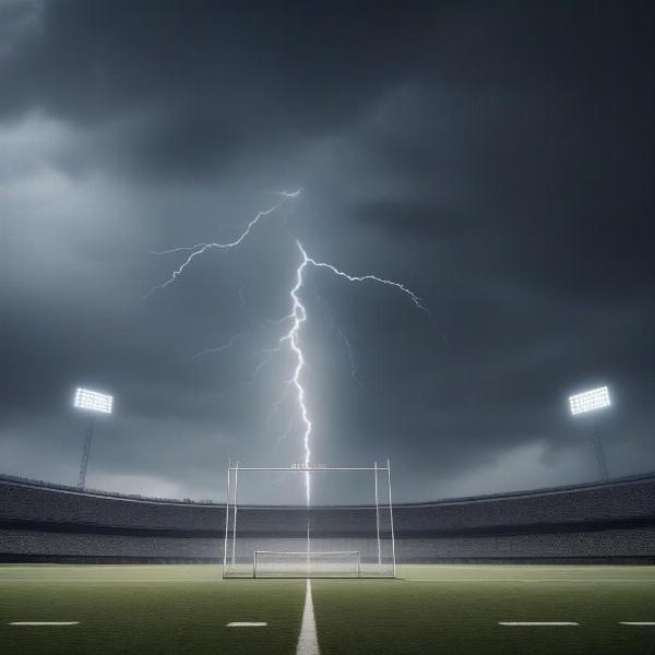 A football field during a thunderstorm with lightning