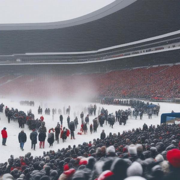 fans bundled up snow football