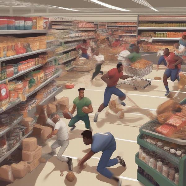 A chaotic scene of a football game in a grocery store
