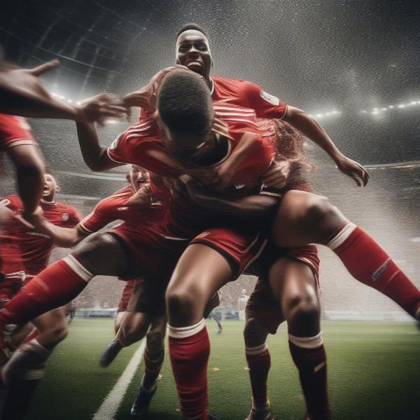 football players celebrating a goal