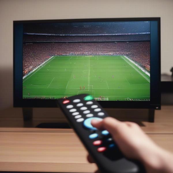 watching football game screen with replay button and remote
