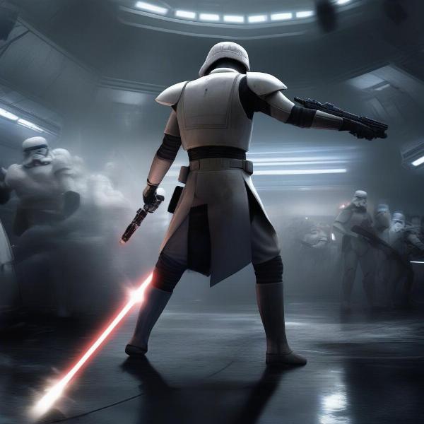 Starkiller battling through the cloning facility on Kamino.